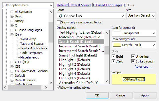 Font and Color settings for syntax in HippoEDIT